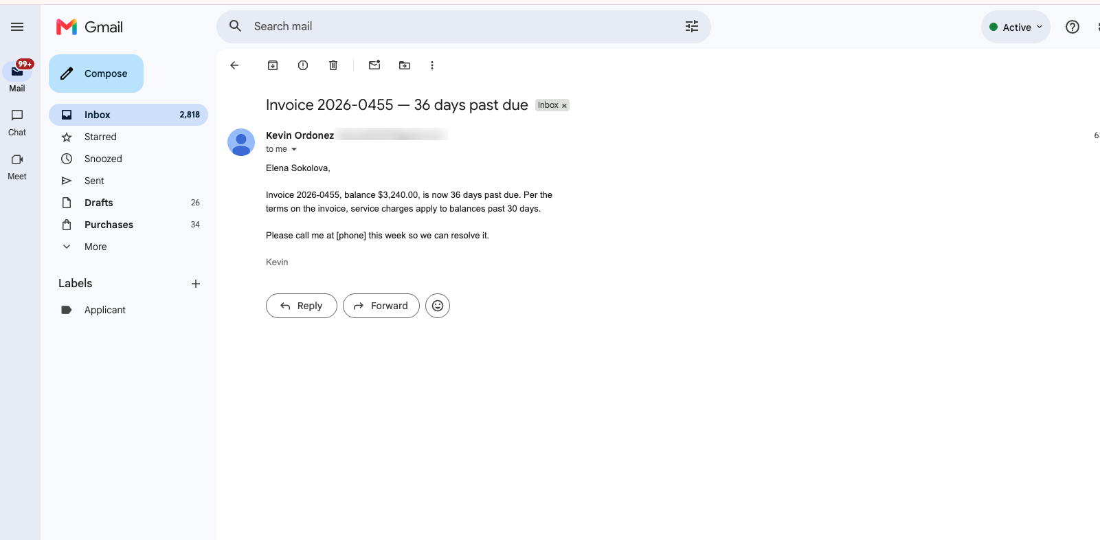 The reminder email as received in Gmail: subject line reading invoice 2026-0455, 36 days past due, with the balance, the service-charge terms for balances past 30 days, and a request to call this week.