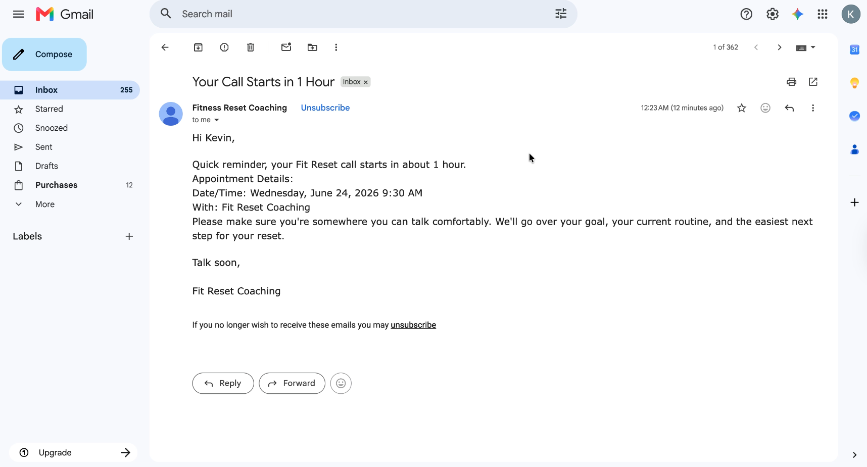 Appointment Reminder Email — screenshot from the Lead Nurture Sequence & Booking Automation build