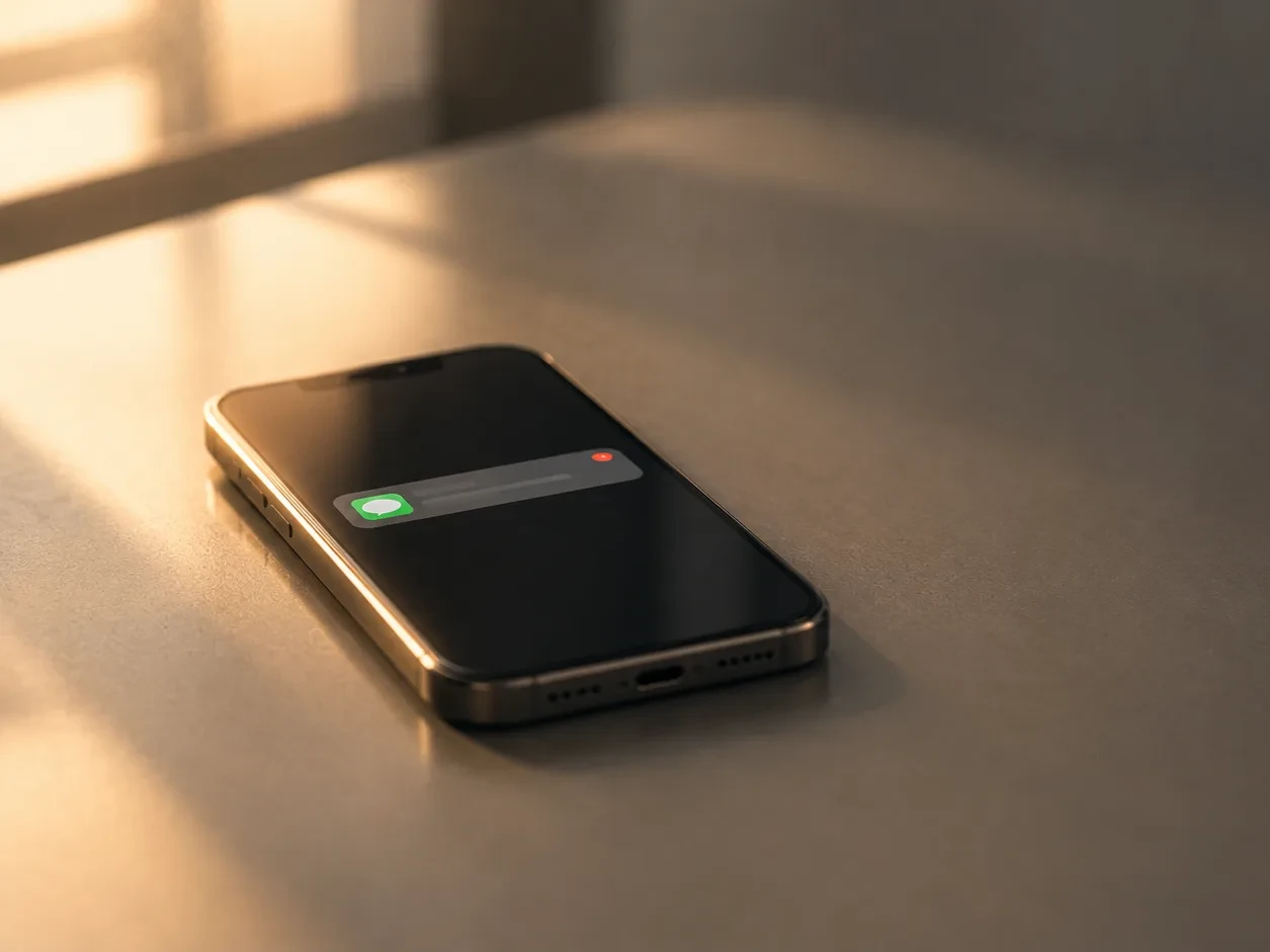 A phone lying face up on a desk in low evening light, showing a single unread text message notification.