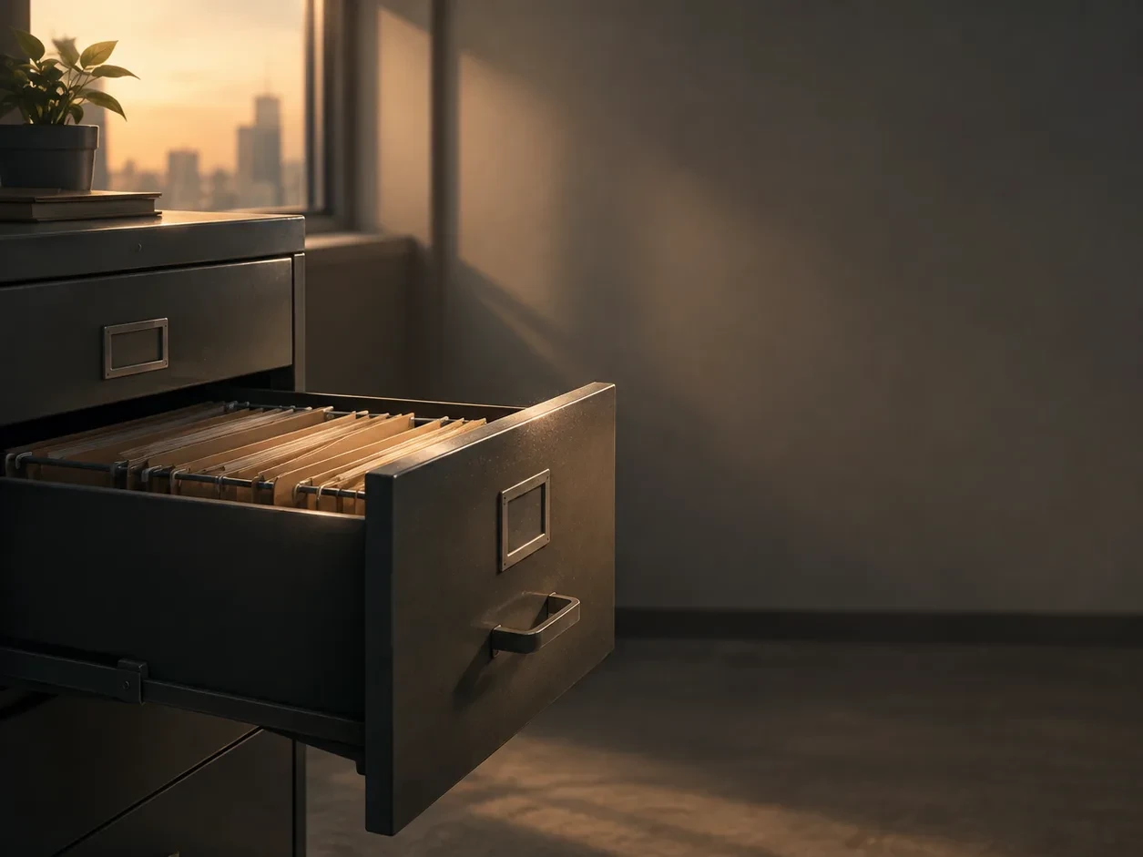 An open filing cabinet drawer packed with hanging paper folders, in a dim office at dusk with a city skyline through the window.