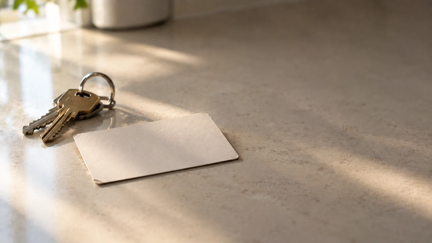 A set of house keys and a blank business card left on a kitchen counter in afternoon sunlight.