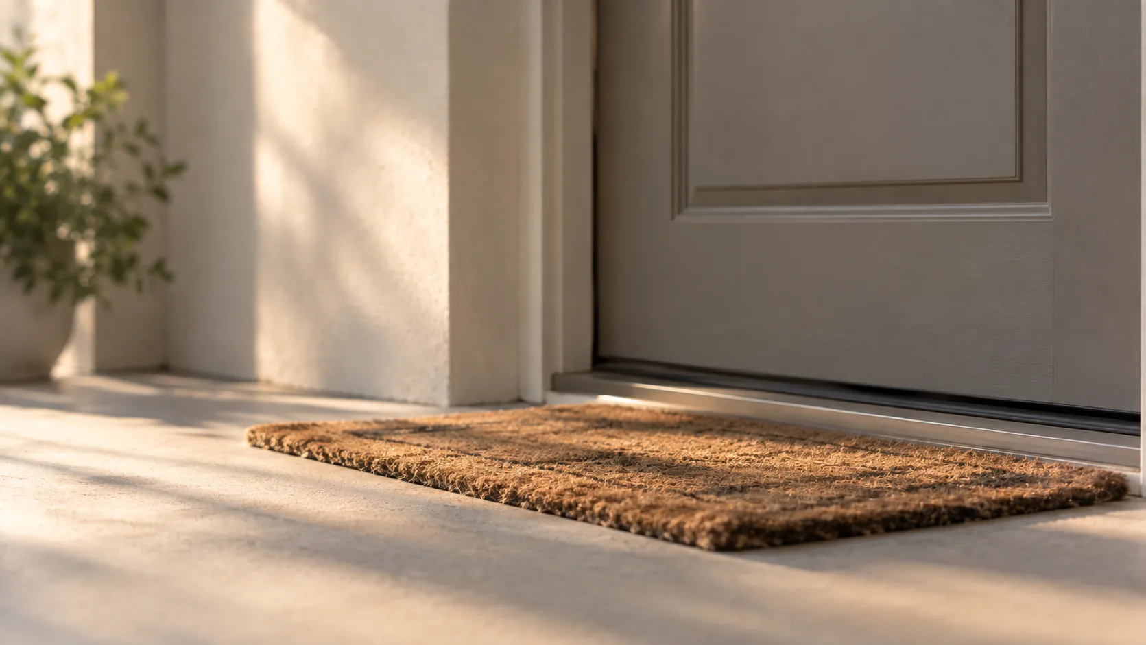 A coir doormat on the step outside a closed front door, lit by warm late-afternoon sun.