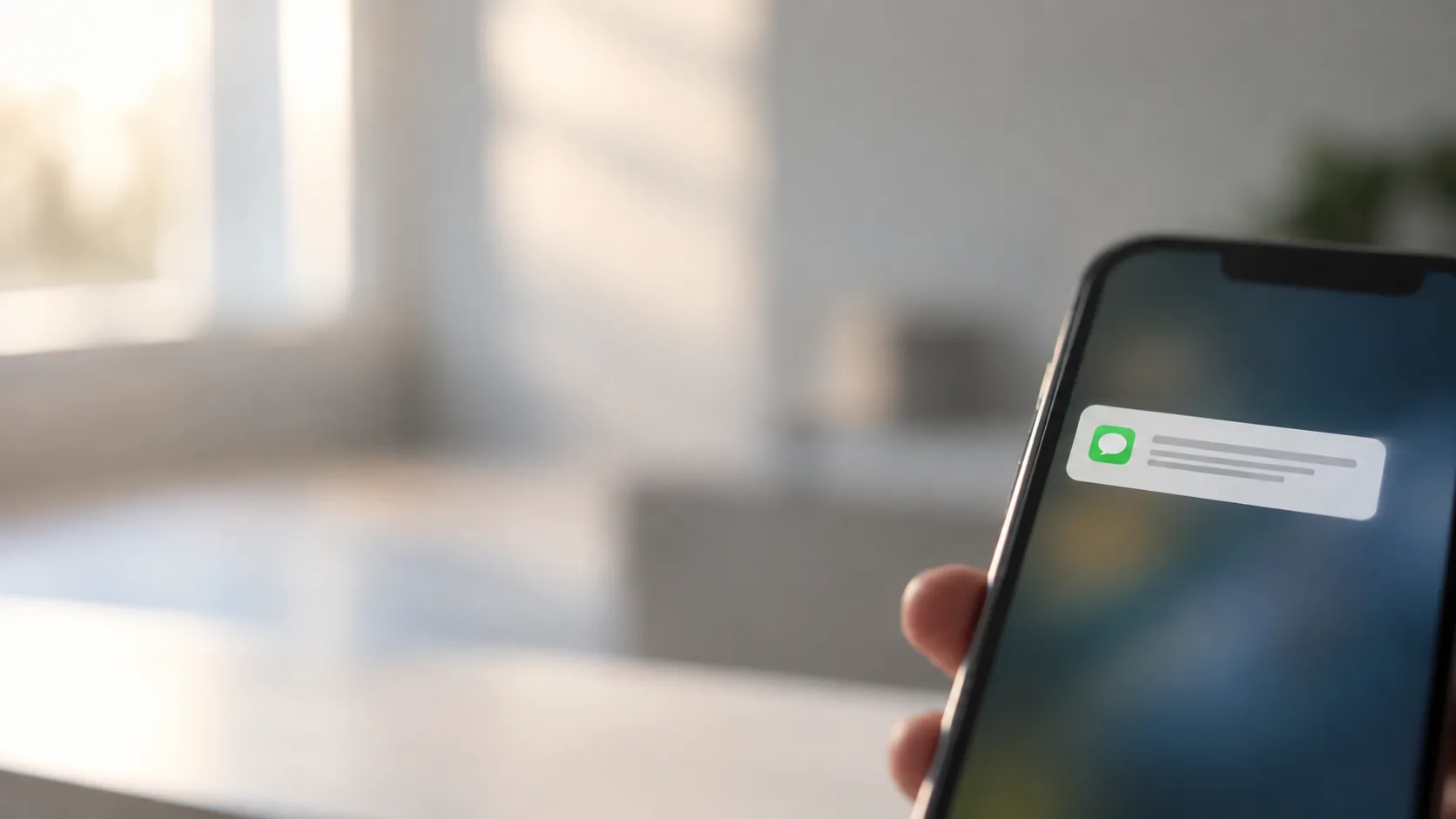 A hand holding a phone in a bright room, a single text message notification just arrived on the lock screen.