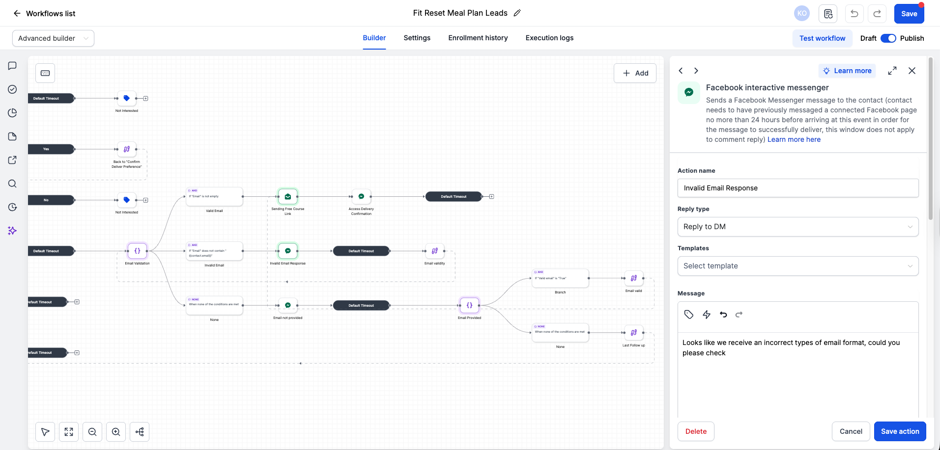 Email Validation Response — screenshot from the FB Comment-to-DM & Quick Reply Bot build