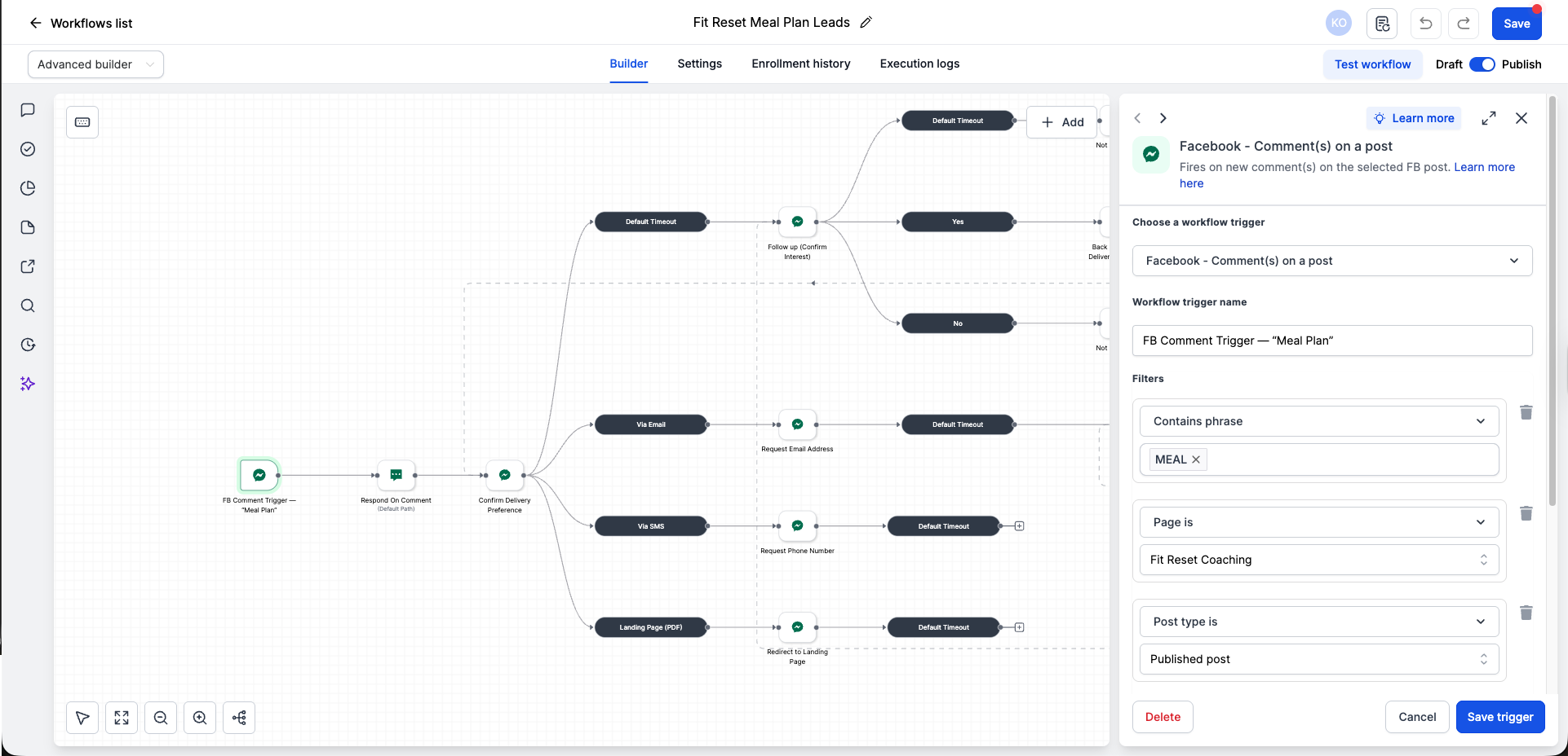 Facebook Comment Trigger — screenshot from the FB Comment-to-DM & Quick Reply Bot build