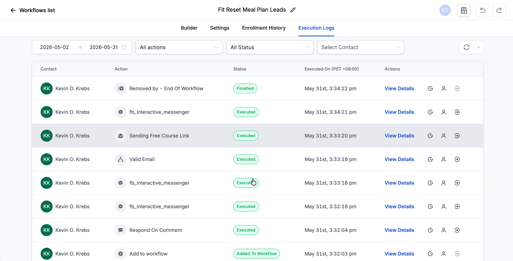 GHL Execution Log — screenshot from the FB Comment-to-DM & Quick Reply Bot build