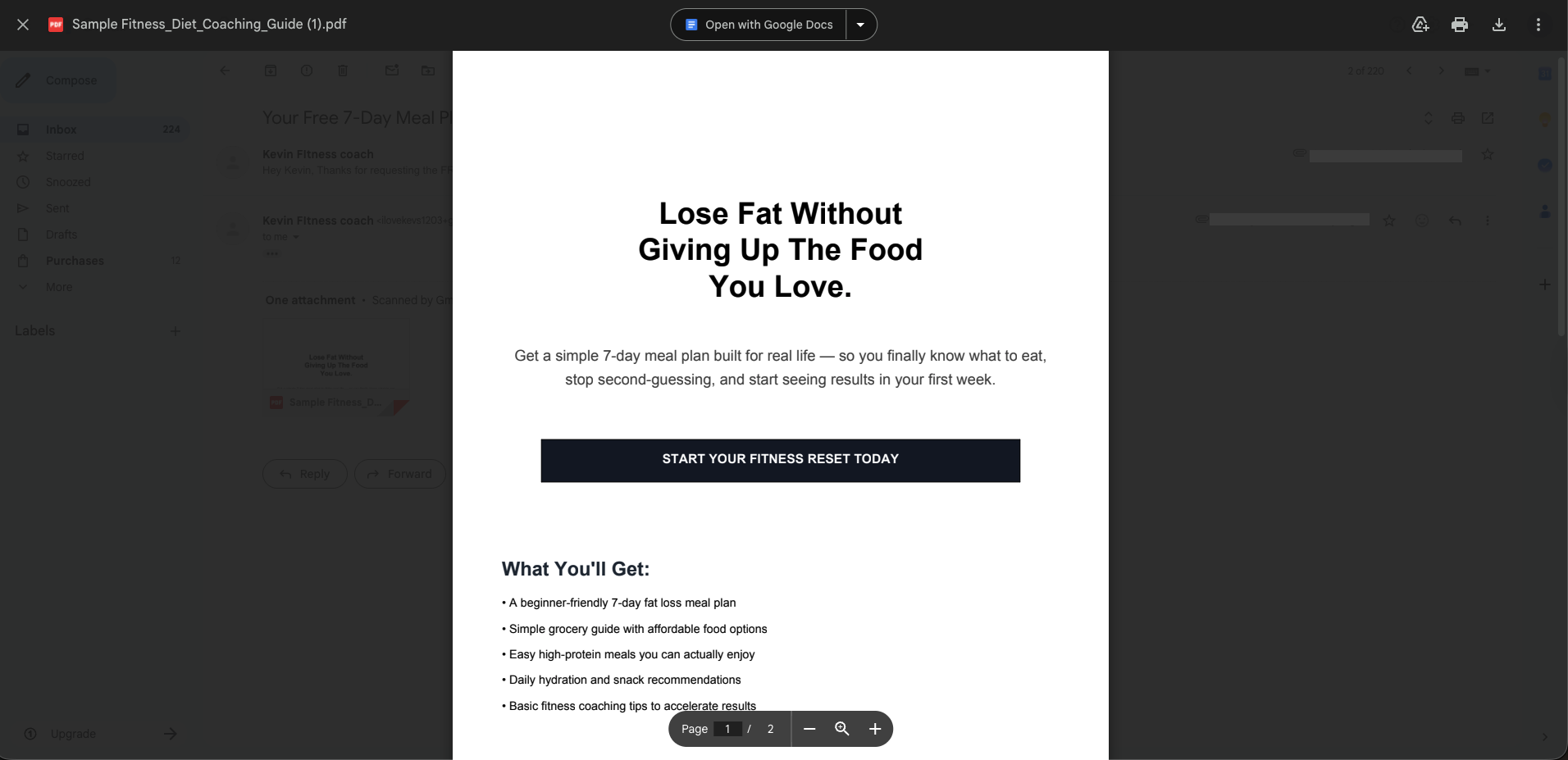 Meal Plan PDF File — screenshot from the FB Comment-to-DM & Quick Reply Bot build