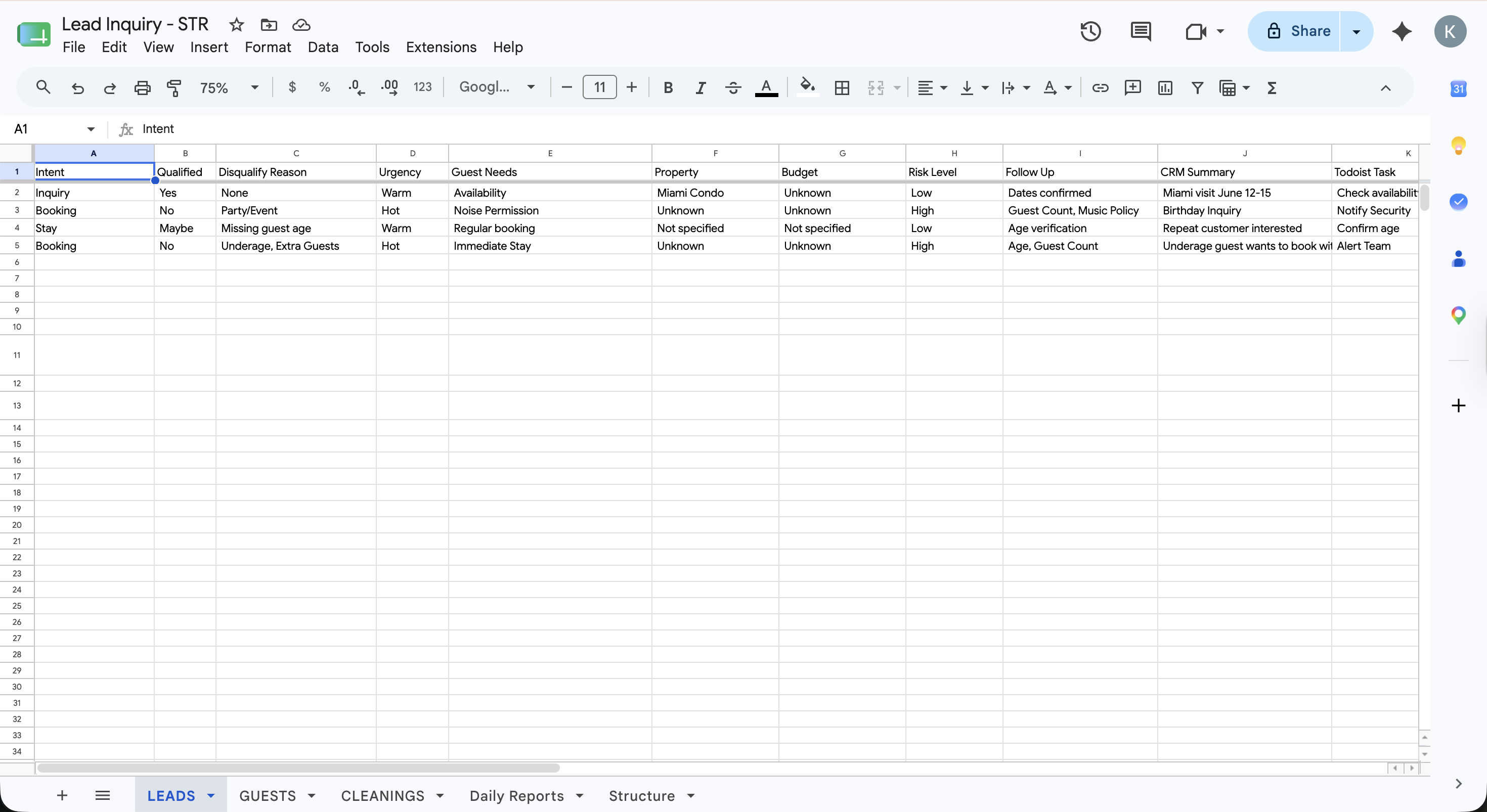 Google Sheet Lead Log — screenshot from the AI Lead Qualification System for Short-Term Rentals build