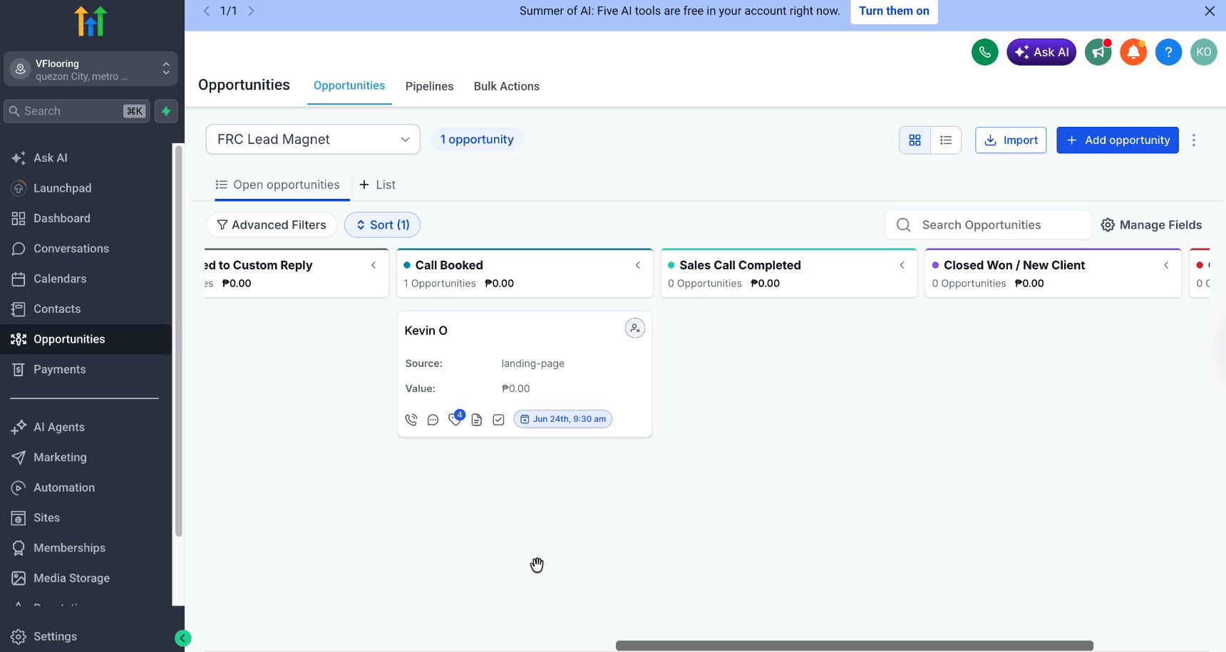 Lead Pipeline Overview — screenshot from the Lead Nurture Sequence & Booking Automation build