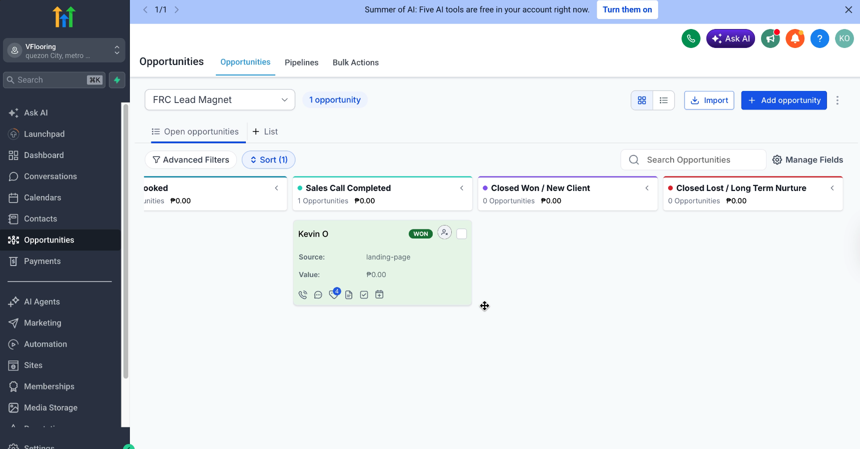 Lead Pipeline — Won — screenshot from the Lead Nurture Sequence & Booking Automation build