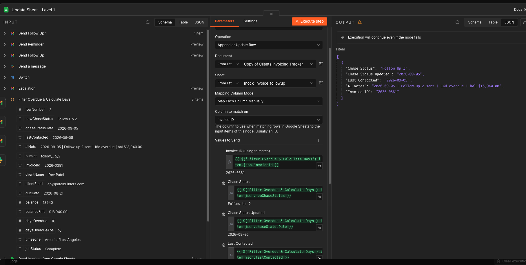 The n8n Append or Update Row node writing back to the invoice tracker, mapping chase status, chase status updated, last contacted and an AI note onto the row matched by invoice ID.