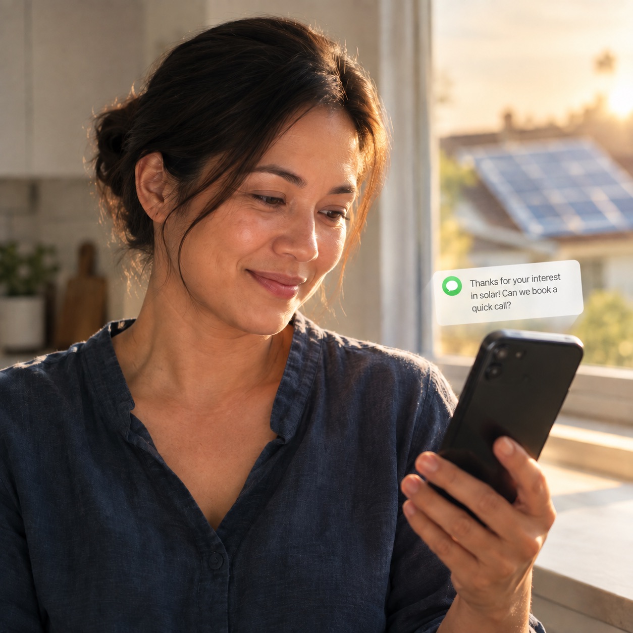 A homeowner reading a text that arrived moments after her enquiry, thanking her for her interest in solar and asking to book a call, with rooftop panels through the window behind her