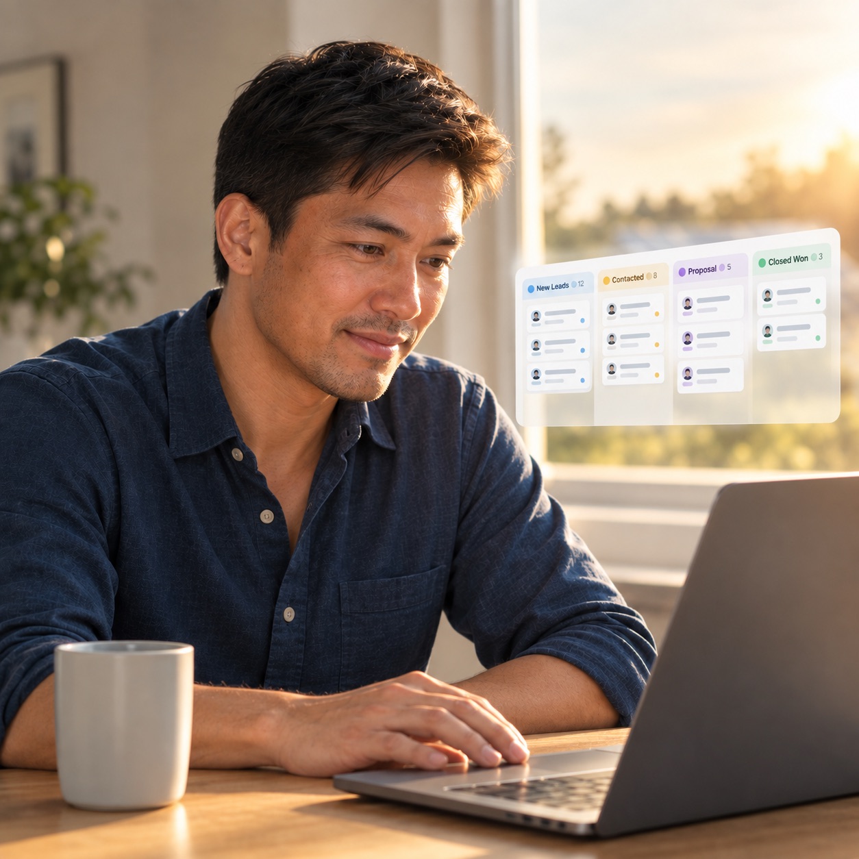 A home service business owner at a laptop looking at a CRM pipeline board, deals sorted across New Leads, Contacted, Proposal and Closed Won columns