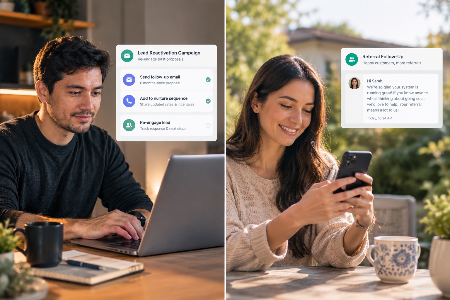 Two halves of the same system: a reactivation campaign working through proposals that went quiet six months ago, and a referral message asking a happy customer to pass the business on